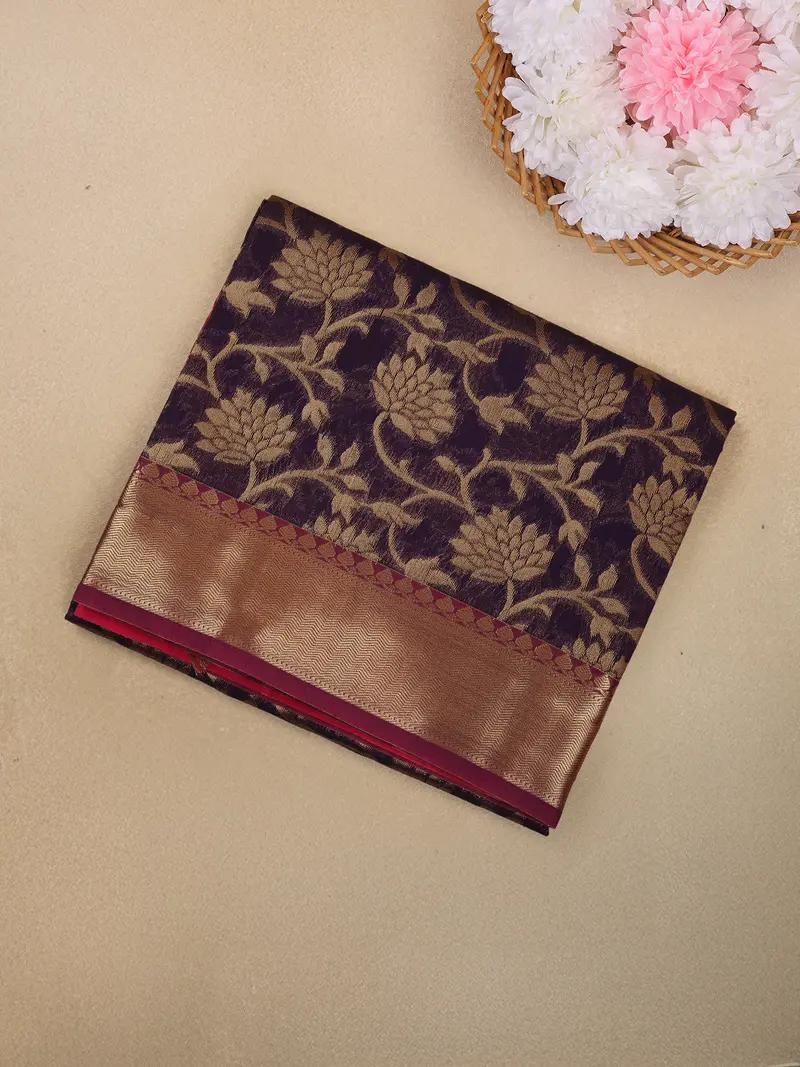 Deep Wine Purple Floral Zari Woven Design Silk Cotton Saree With Contrast Border 1