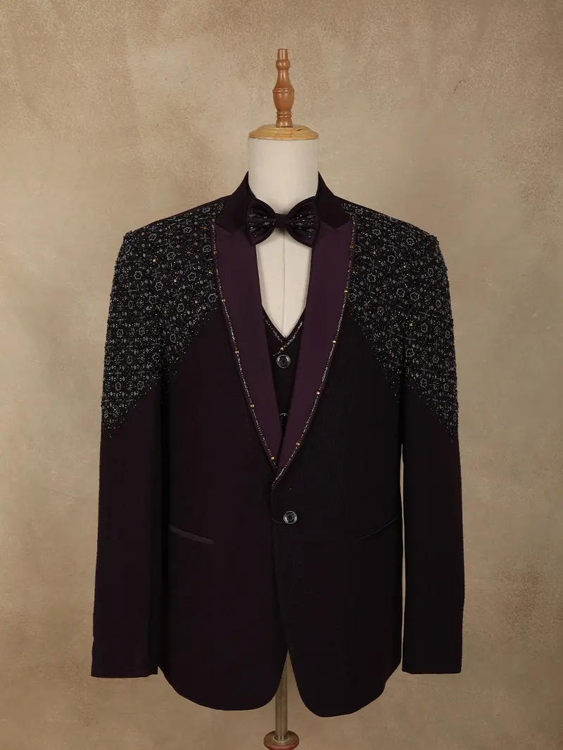 Deep Wine Purple Intricate Black Beads Embroidered Design Brocade Men's Suit 1