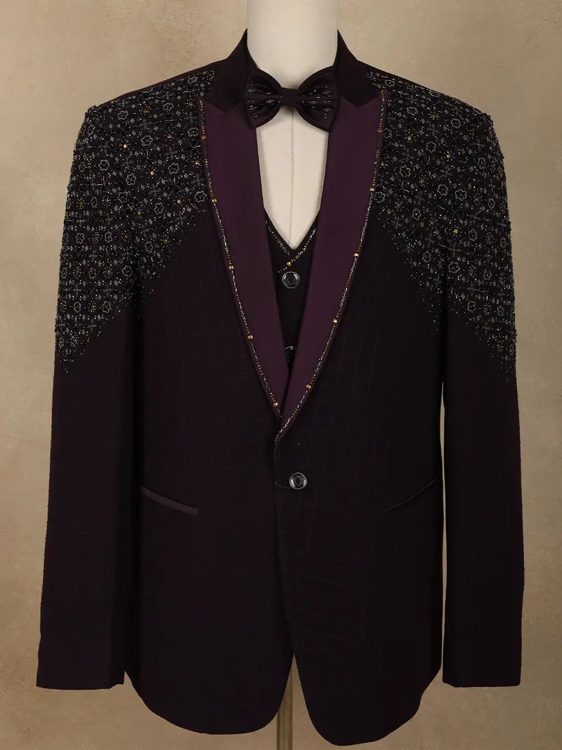 Deep Wine Purple Intricate Black Beads Embroidered Design Brocade Men's Suit 2