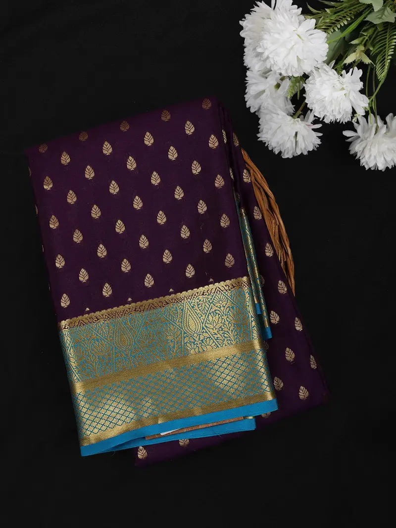 Deep Wine Purple Leaf Butta Design Mysore Silk Designer Saree With Contrast Zari Border 1