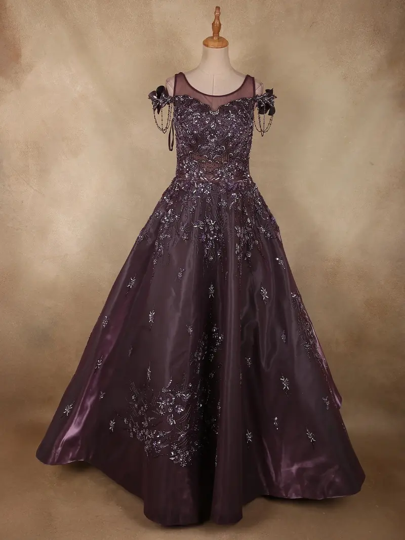 Deep Wine Purple Sequins And Beads Embroidered Design Organza Party Wear Gown 1