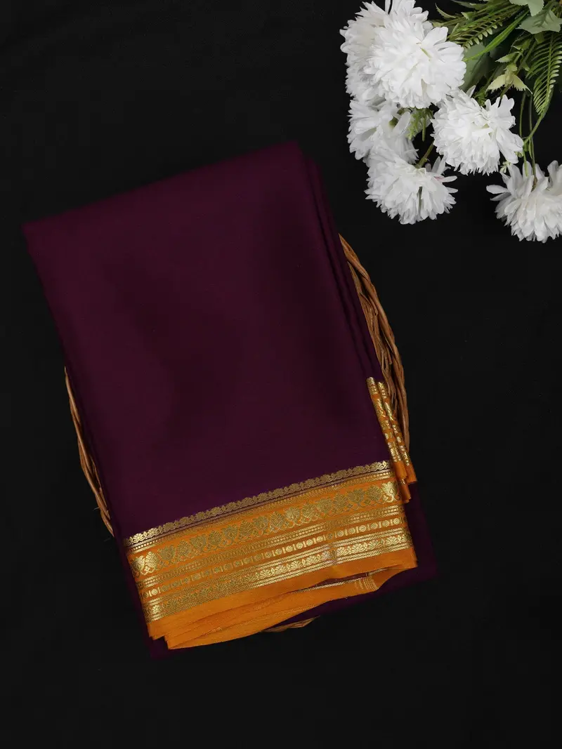 Deep Wine Purple Solid Design Mysore Silk Saree With Contrast Zari Border 1