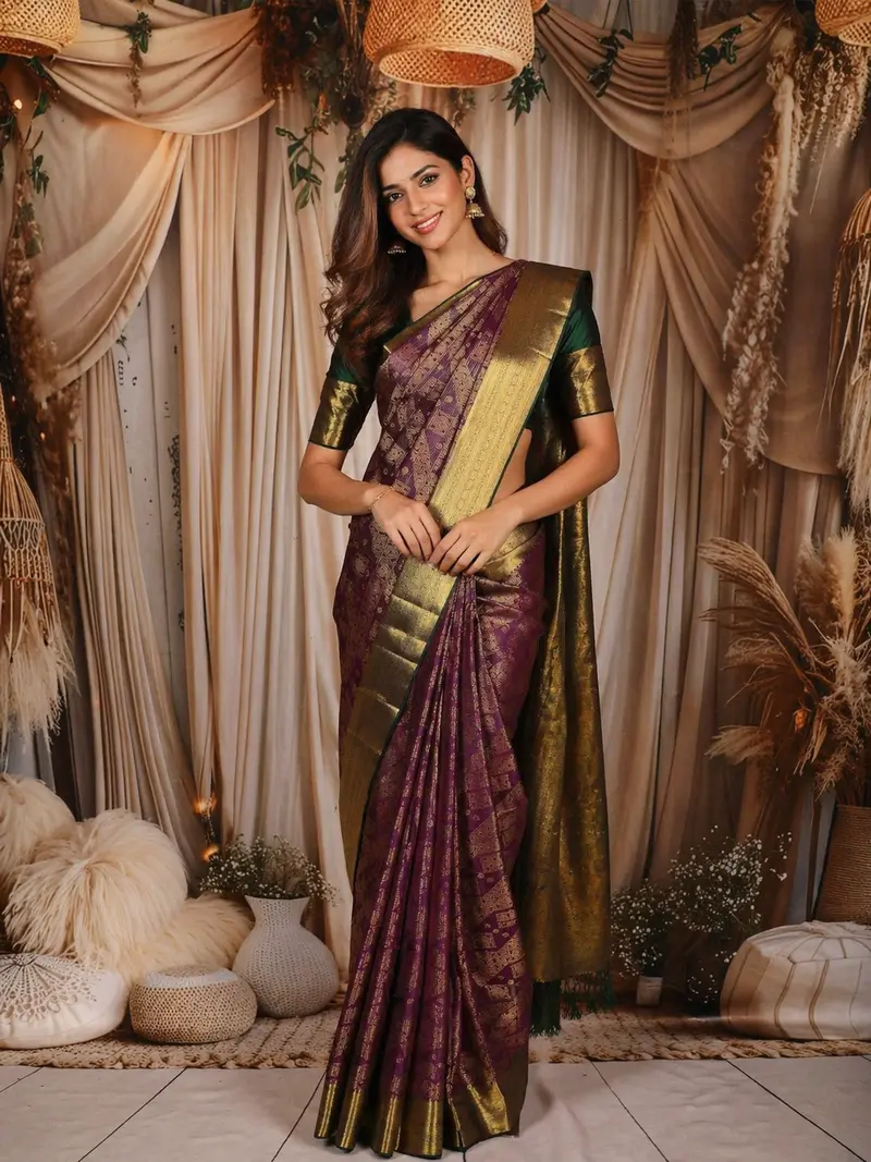 Deep Wine Purple Traditional Geometric Zari Woven Design Pure Kanchipuram Silk Saree With Contrast Zari Border 1