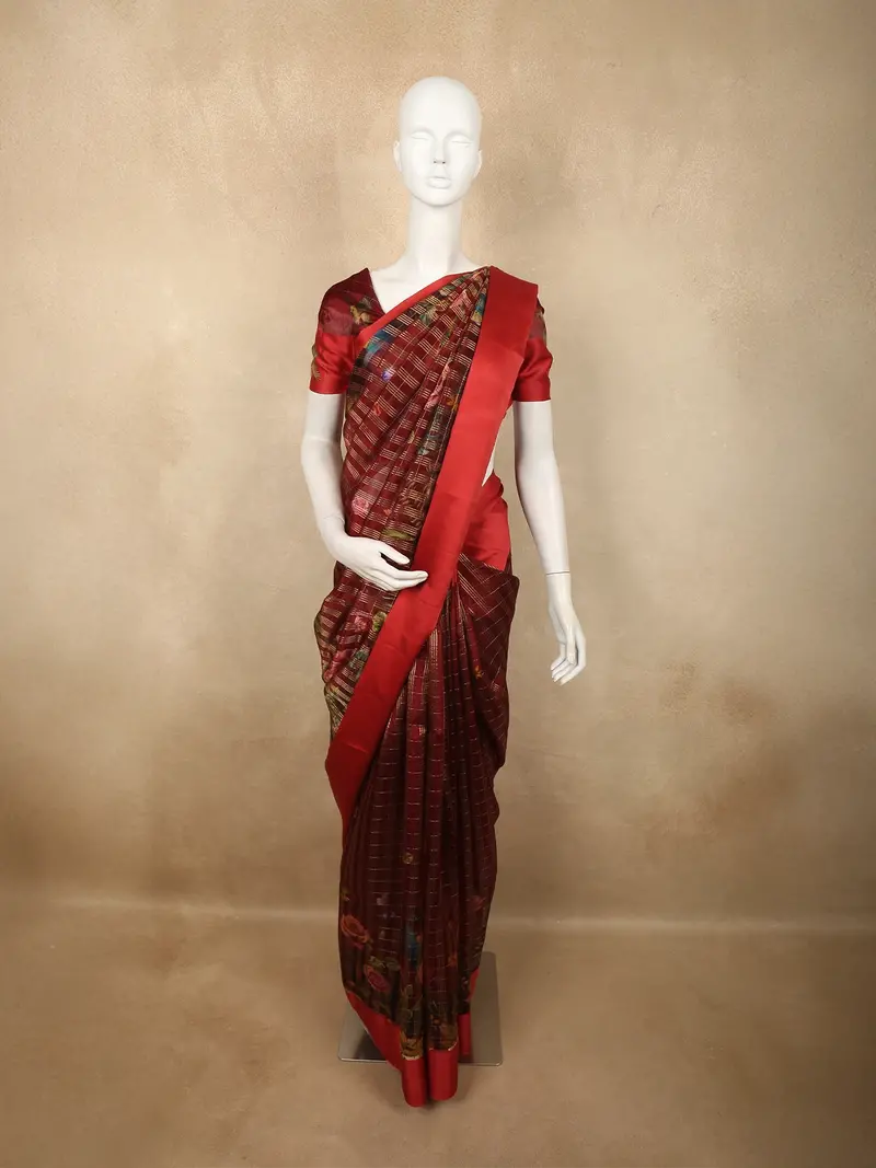 Deep Wine Red Checked Floral Printed Design Organza Saree With Solid Border 1