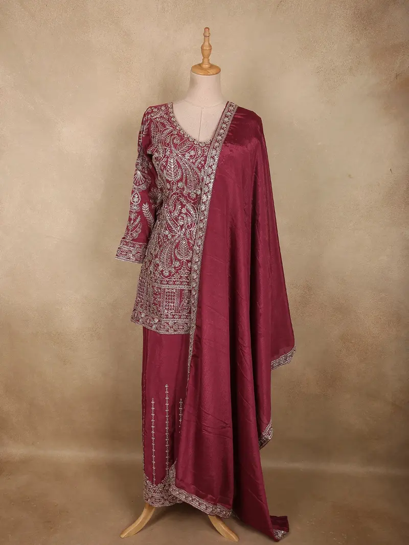 Deep Wine Rose Floral Sequins Embroidered Design Georgette Palazzo Suit With Dupatta 1