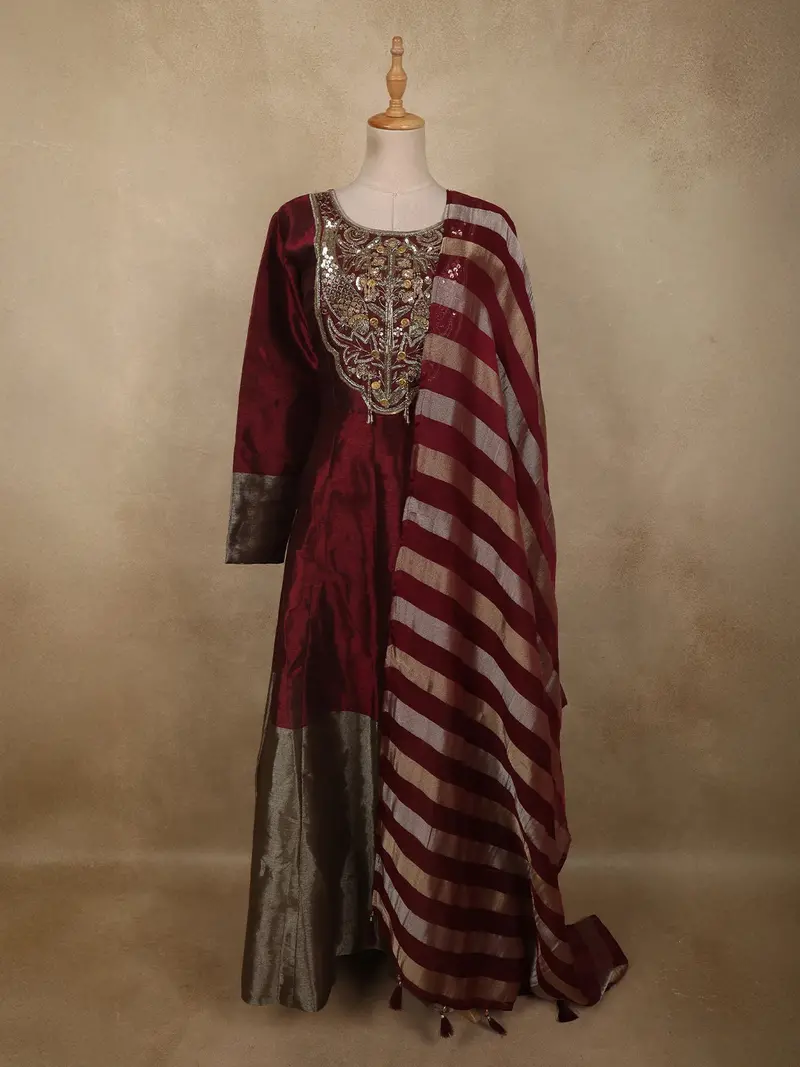 Deep Wine Sequins And Zardozi Embroidered Design Silk Anarkali Gown With Striped Dupatta 1