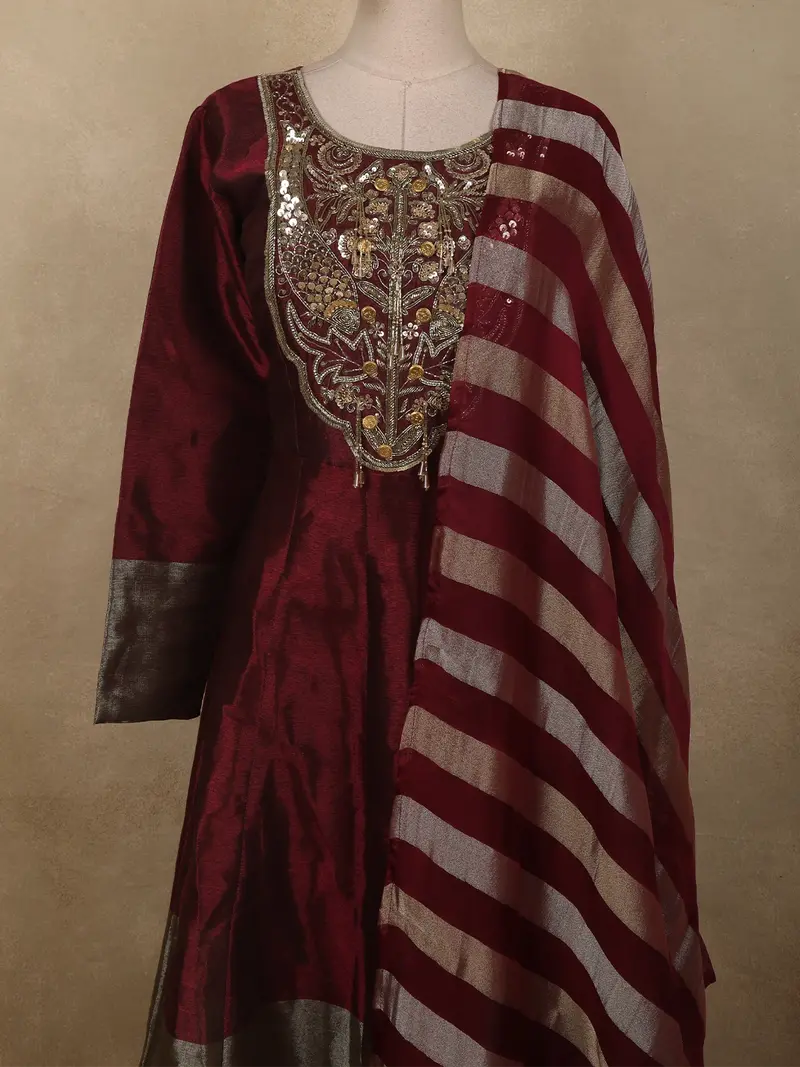 Deep Wine Sequins And Zardozi Embroidered Design Silk Anarkali Gown With Striped Dupatta 2