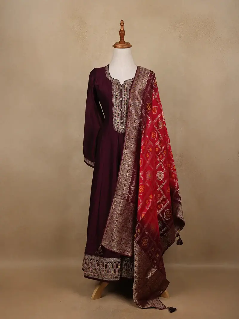 Deep Wine Sequins Design Printed Raw Silk Anarkali Salwar Suit 1