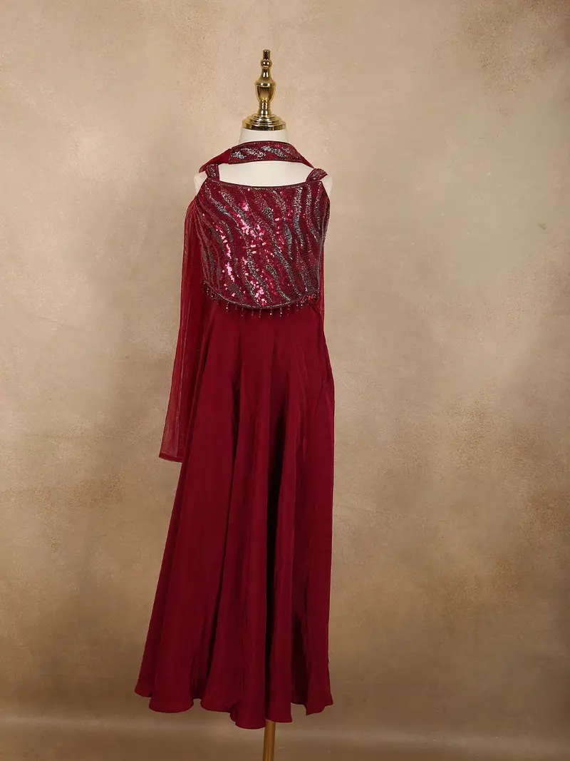 Deep Wine Sequins Design Satin Kids Palazzo Suit With Dupatta 1