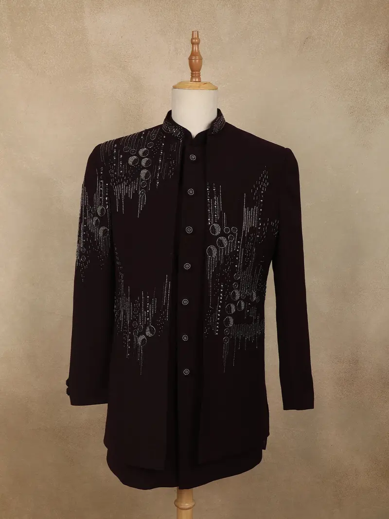 Deep Wine Silver Beads And Zardozi Embroidered Design Polynosic Sherwani Suit 1