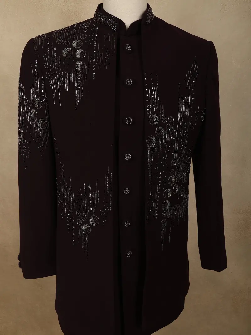 Deep Wine Silver Beads And Zardozi Embroidered Design Polynosic Sherwani Suit 2