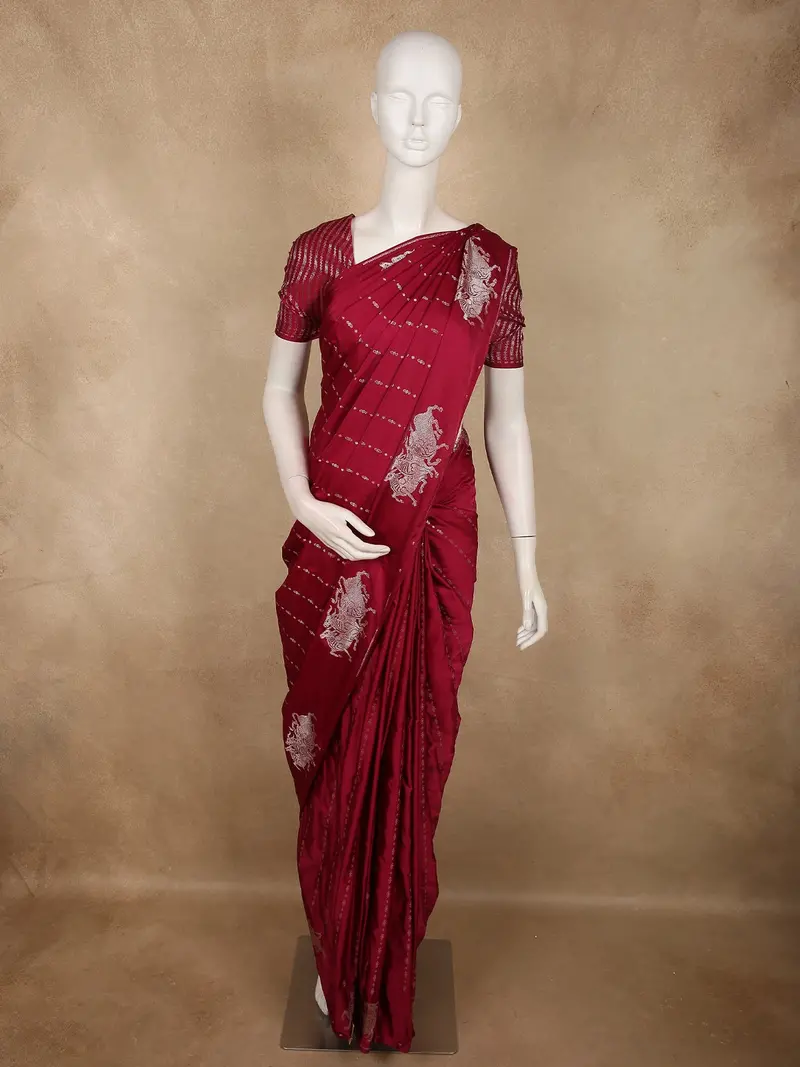 Deep Wine Striped Zari Woven Design Semi Banarasi Saree With Animal Motif Border 1