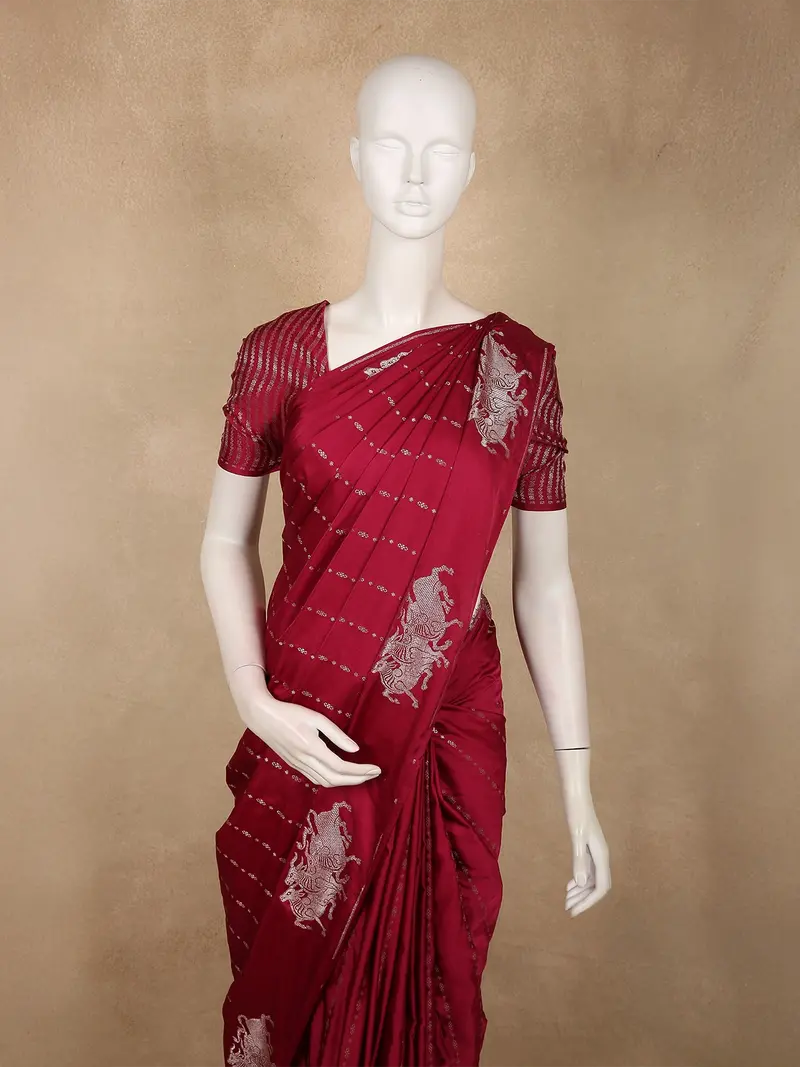 Deep Wine Striped Zari Woven Design Semi Banarasi Saree With Animal Motif Border 2