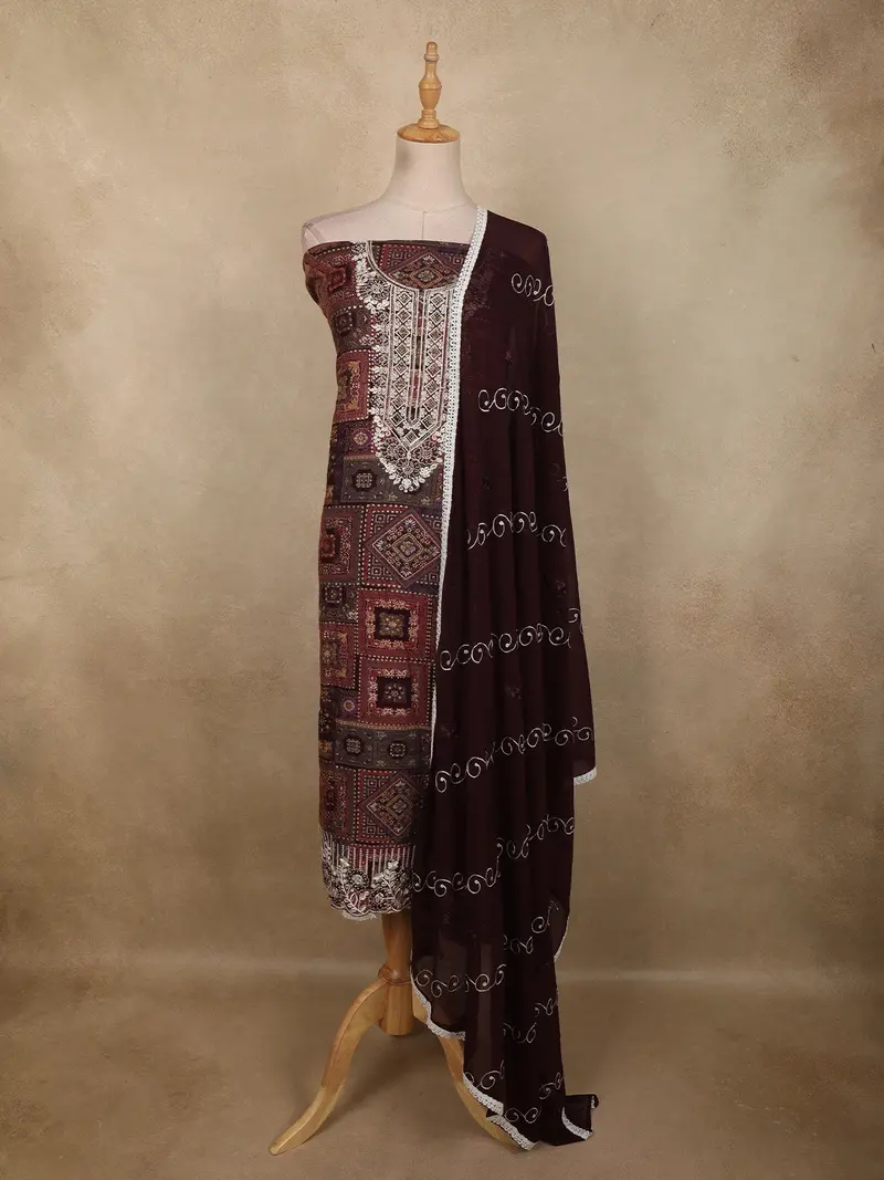 Deep Wine Traditional Ajrakh Printed Design Cotton Unstitched Salwar Material 1