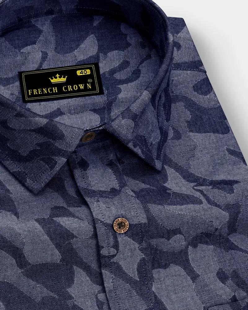 Denicrest-Sapphire Denim Blue Camouflage Printed Super Soft Premium Cotton Casual Shirt 1