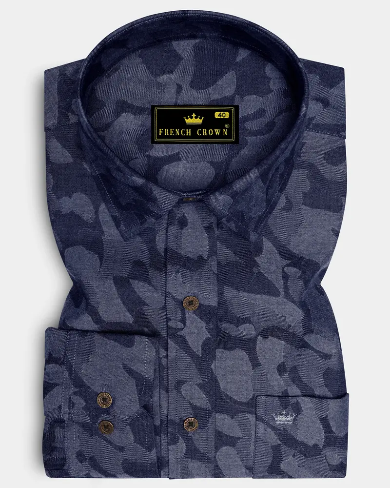 Denicrest-Sapphire Denim Blue Camouflage Printed Super Soft Premium Cotton Casual Shirt 6