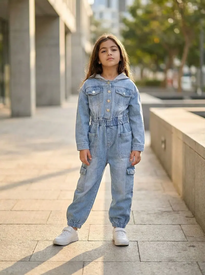Denim Blue Jumpsuit With Hood For Girls 1