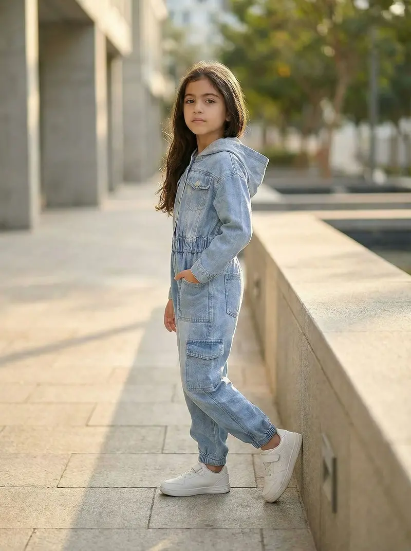 Denim Blue Jumpsuit With Hood For Girls 2