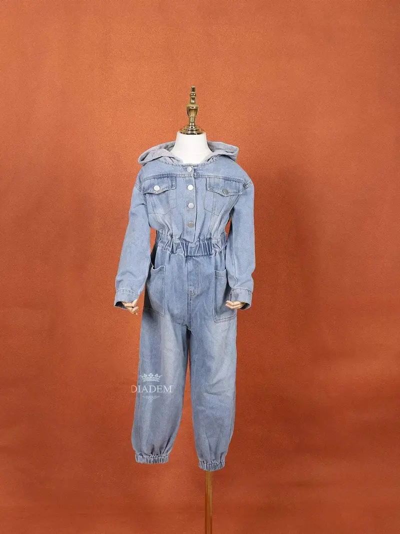 Denim Blue Jumpsuit With Hood For Girls 3