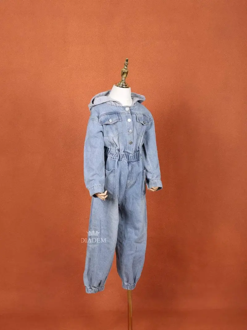 Denim Blue Jumpsuit With Hood For Girls 4