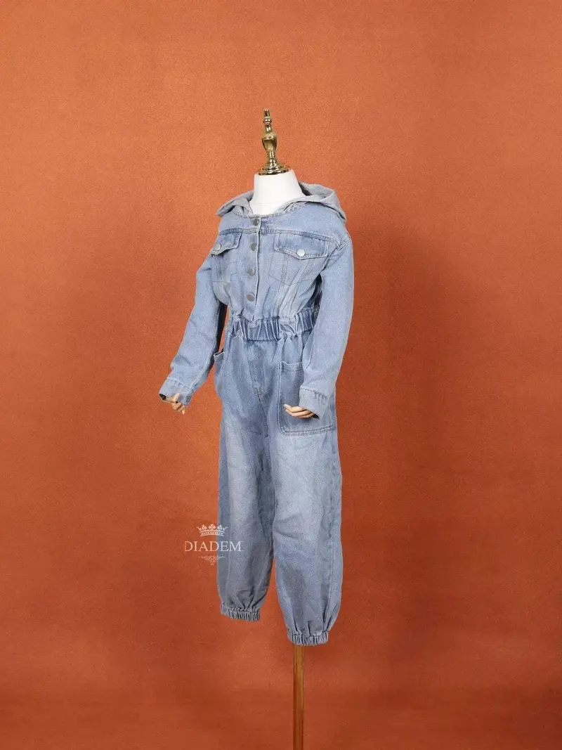 Denim Blue Jumpsuit With Hood For Girls 5