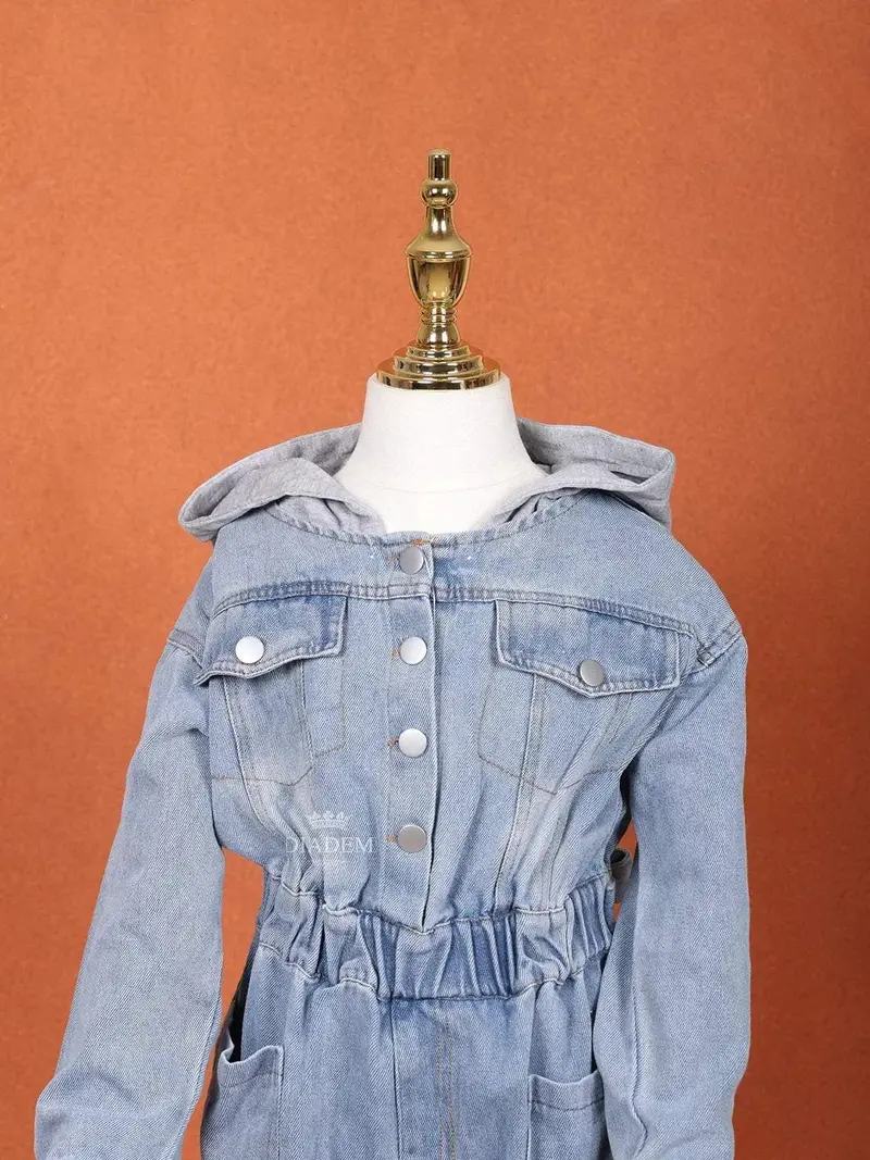 Denim Blue Jumpsuit With Hood For Girls 6