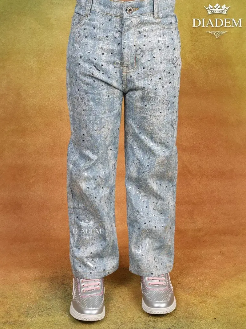 Denim Blue Straight-Fit Pants With Sequins 1