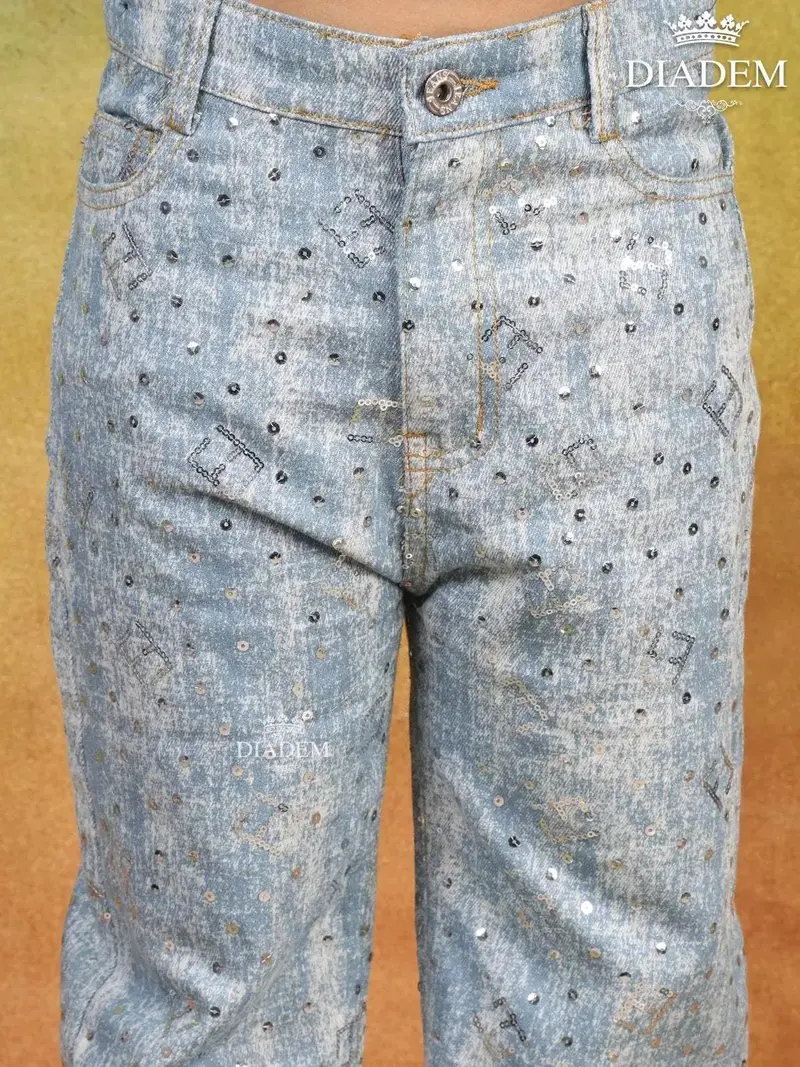 Denim Blue Straight-Fit Pants With Sequins 2