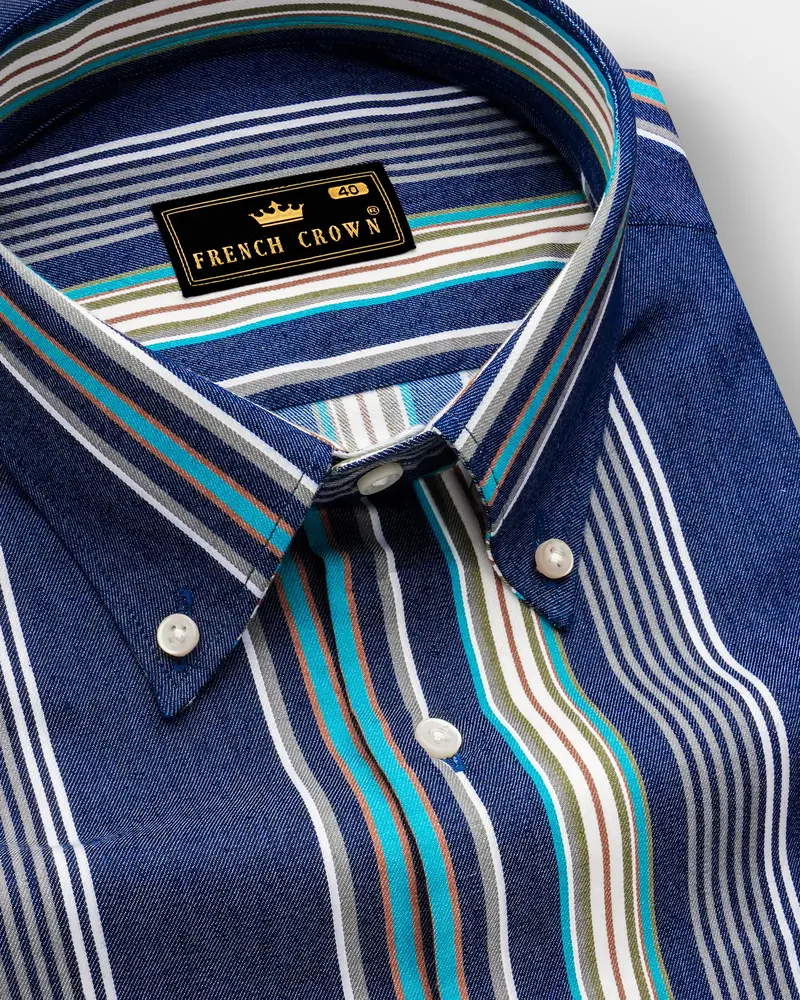 Denique-Bunting Blue Multicolour Striped Indigo Denim Casual Shirt 1