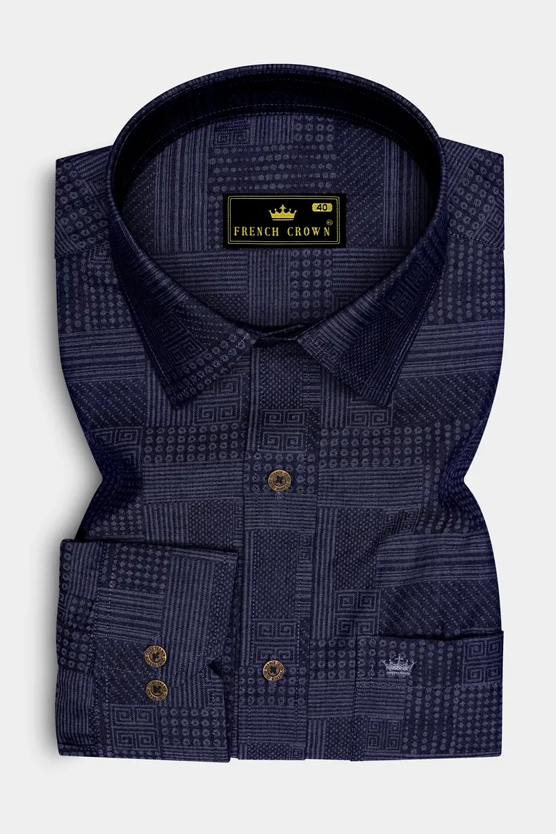 Denivell-Heritage Denim Blue Geometric Printed Super Soft Premium Cotton Casual Shirt 4