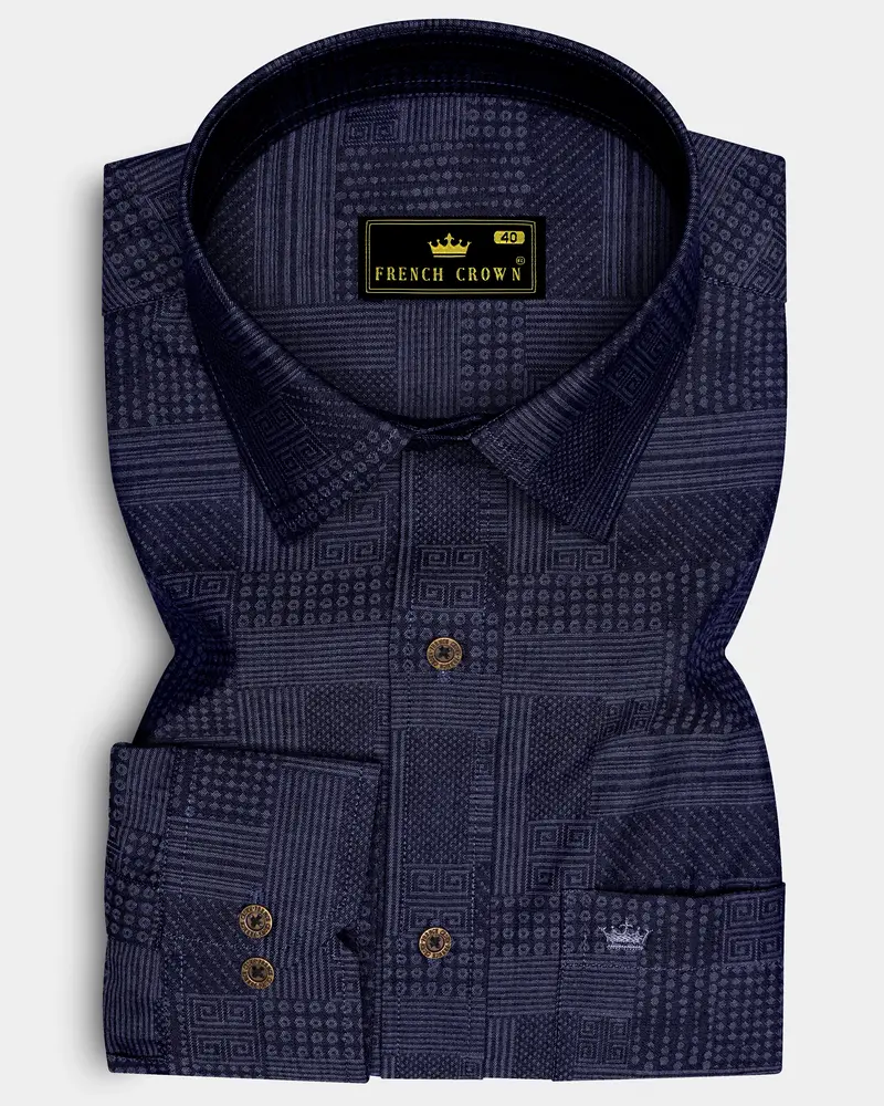 Denivell-Heritage Denim Blue Geometric Printed Super Soft Premium Cotton Casual Shirt 6
