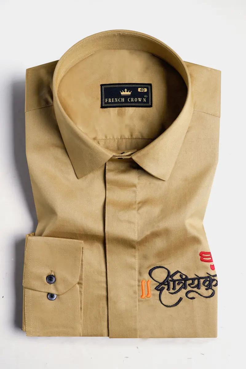 Desert Brown Sanskrit Embroidered Subtle Sheen Super Soft Premium Cotton Designer Shirt 5