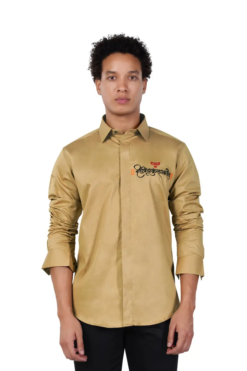 Desert Brown Sanskrit Embroidered Subtle Sheen Super Soft Premium Cotton Designer Shirt 6