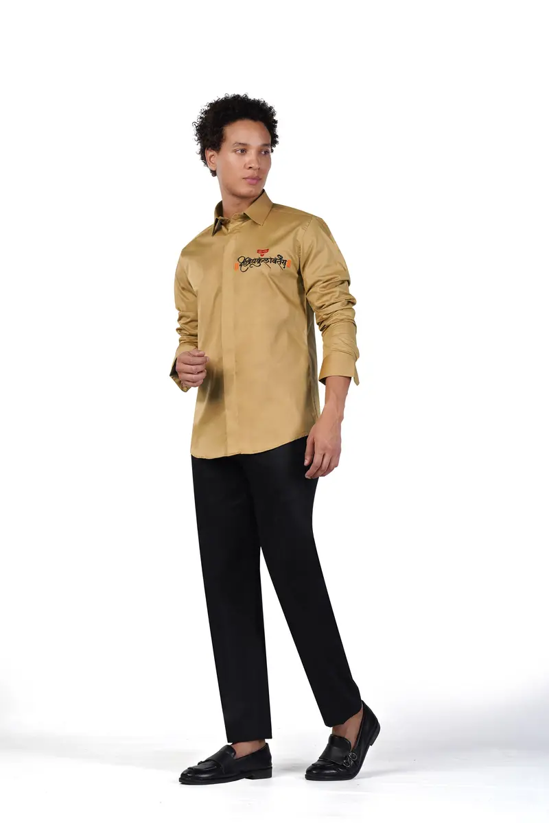 Desert Brown Sanskrit Embroidered Subtle Sheen Super Soft Premium Cotton Designer Shirt 7