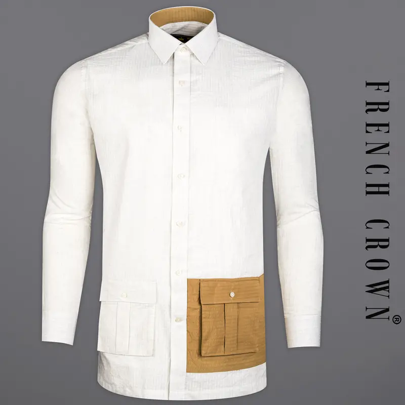 Desert Cream Subtle Striped Seersucker Designer Shirt 1