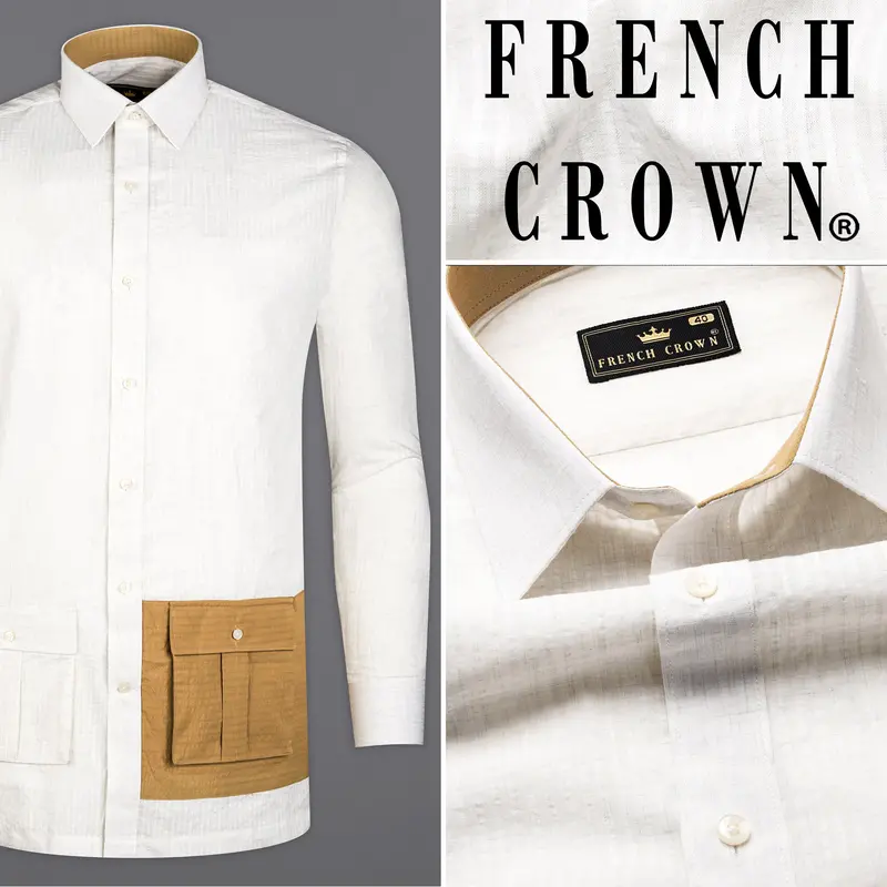 Desert Cream Subtle Striped Seersucker Designer Shirt 10