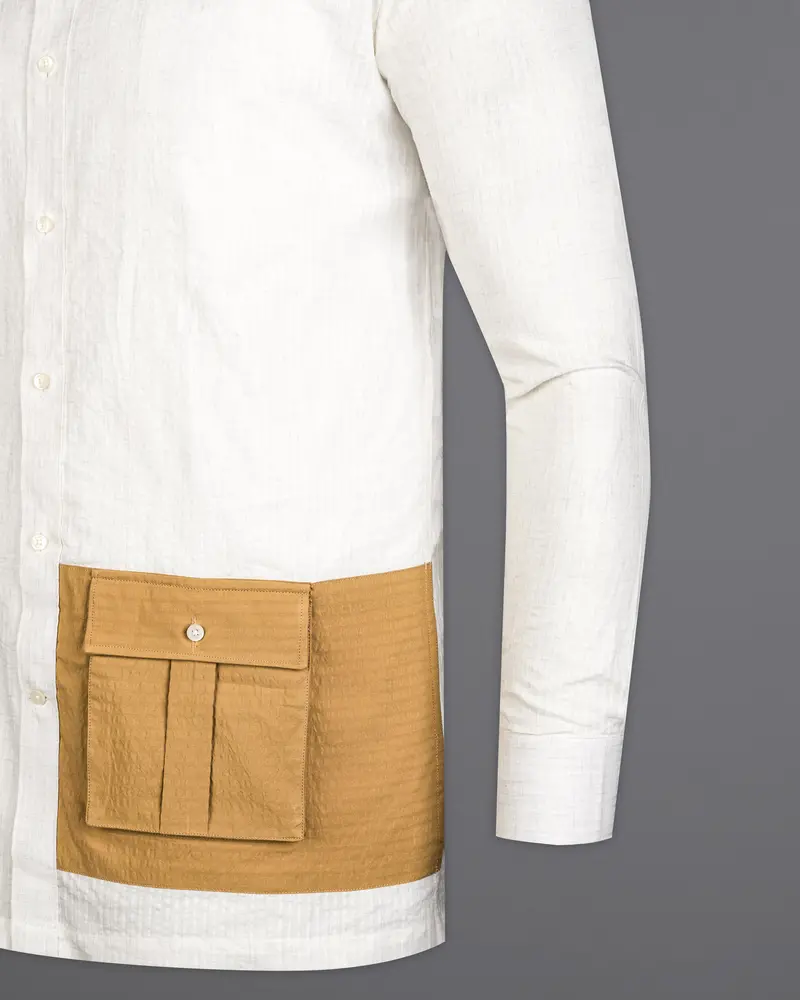 Desert Cream Subtle Striped Seersucker Designer Shirt 8