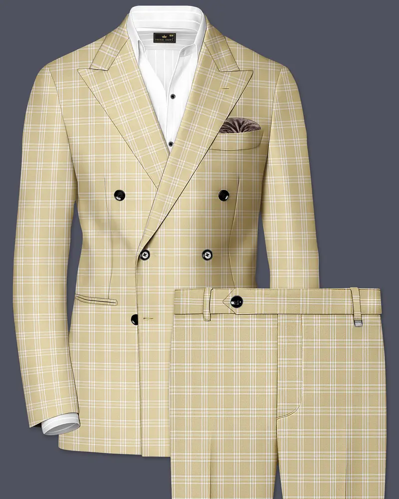 Desert Sand Cream Plaid Wool Blend Double Breasted Suit 1