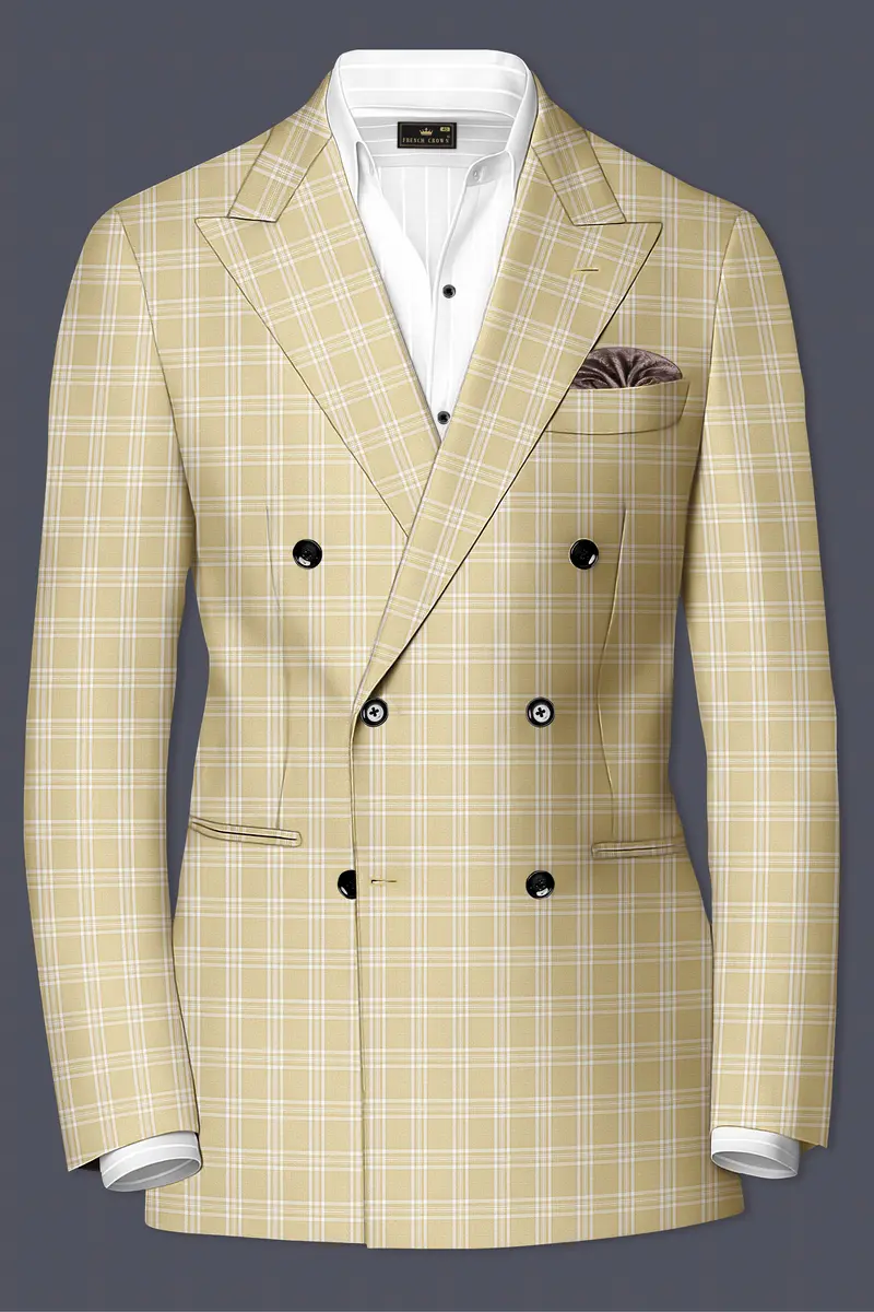 Desert Sand Cream Plaid Wool Blend Double Breasted Suit 10