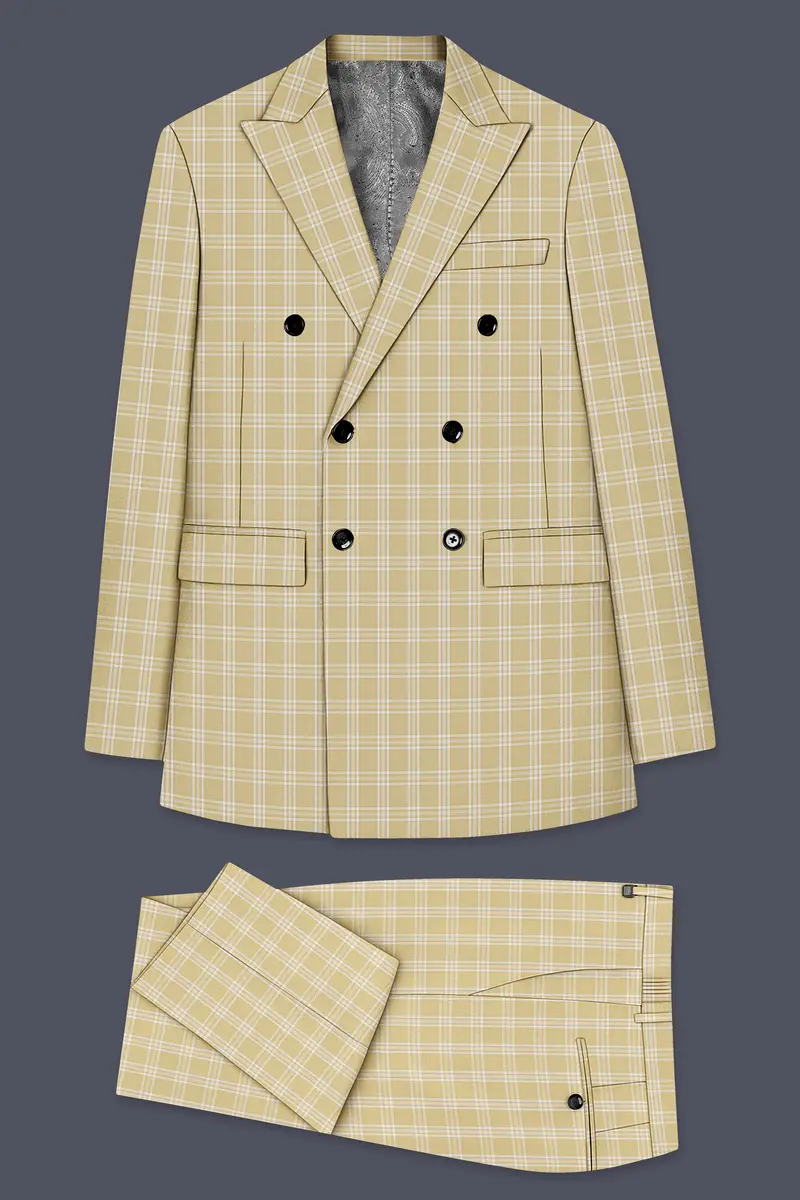 Desert Sand Cream Plaid Wool Blend Double Breasted Suit 11