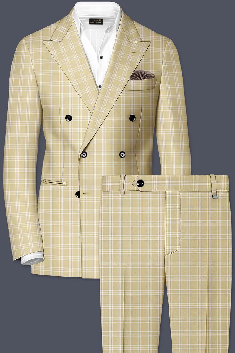 Desert Sand Cream Plaid Wool Blend Double Breasted Suit 2