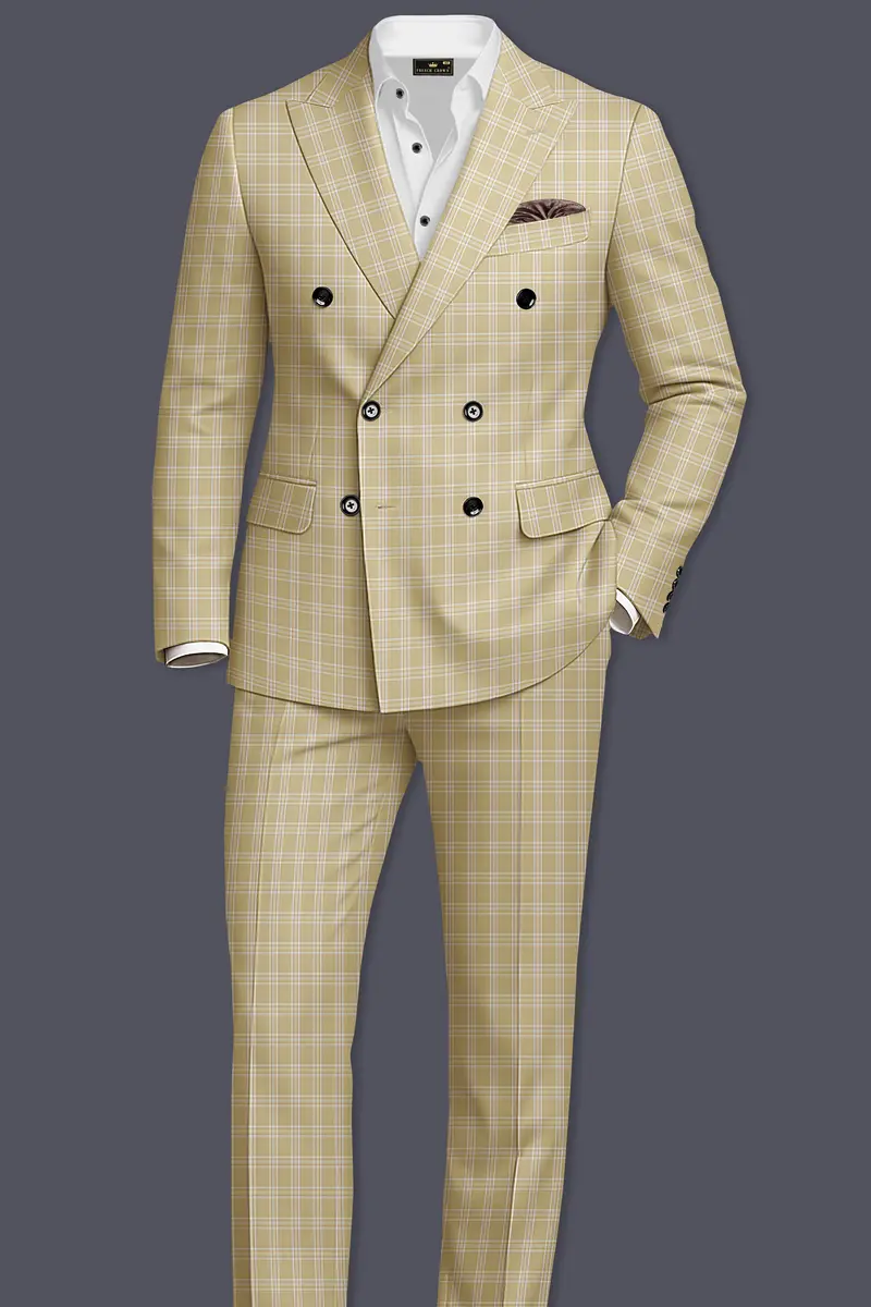 Desert Sand Cream Plaid Wool Blend Double Breasted Suit 4