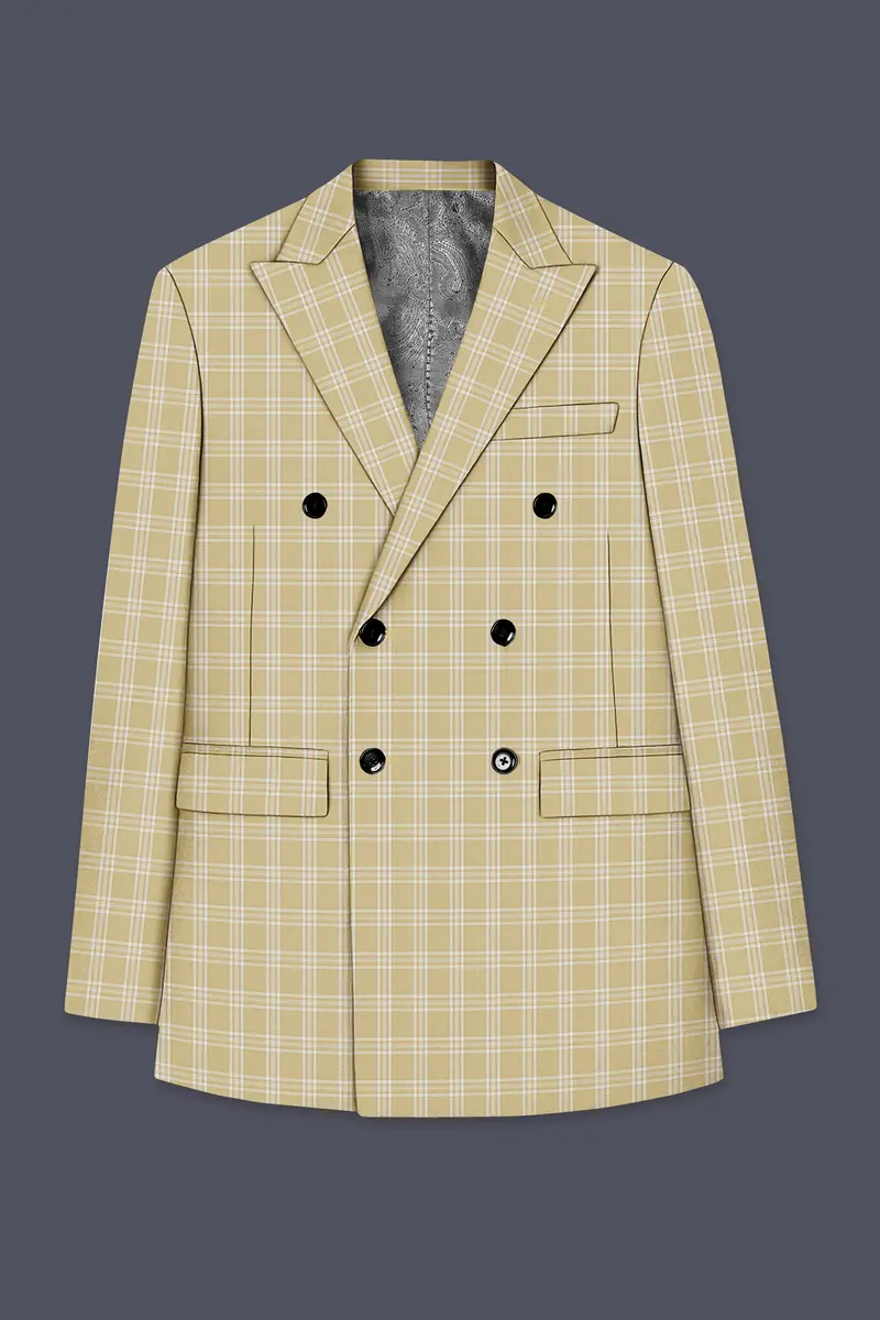 Desert Sand Cream Plaid Wool Blend Double Breasted Suit 8