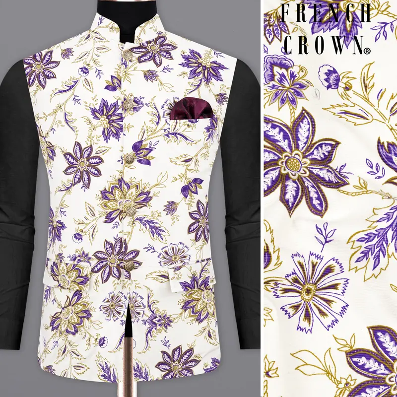 Desert Storm Cream With Eminence Blue Leaves Printed Premium Cotton Nehru Jacket 1