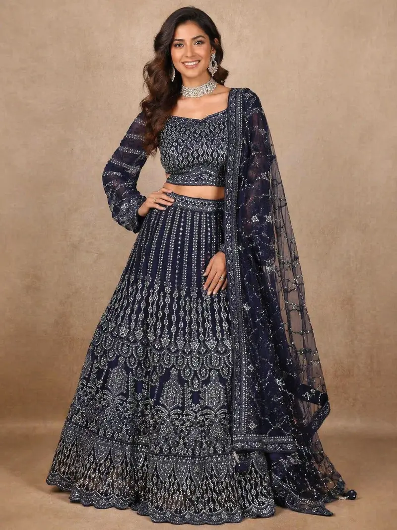 Diadem Women Blue Embroidered Net Lehenga Set Designer Party Wear Ethnic Outfit With Dupatta 1