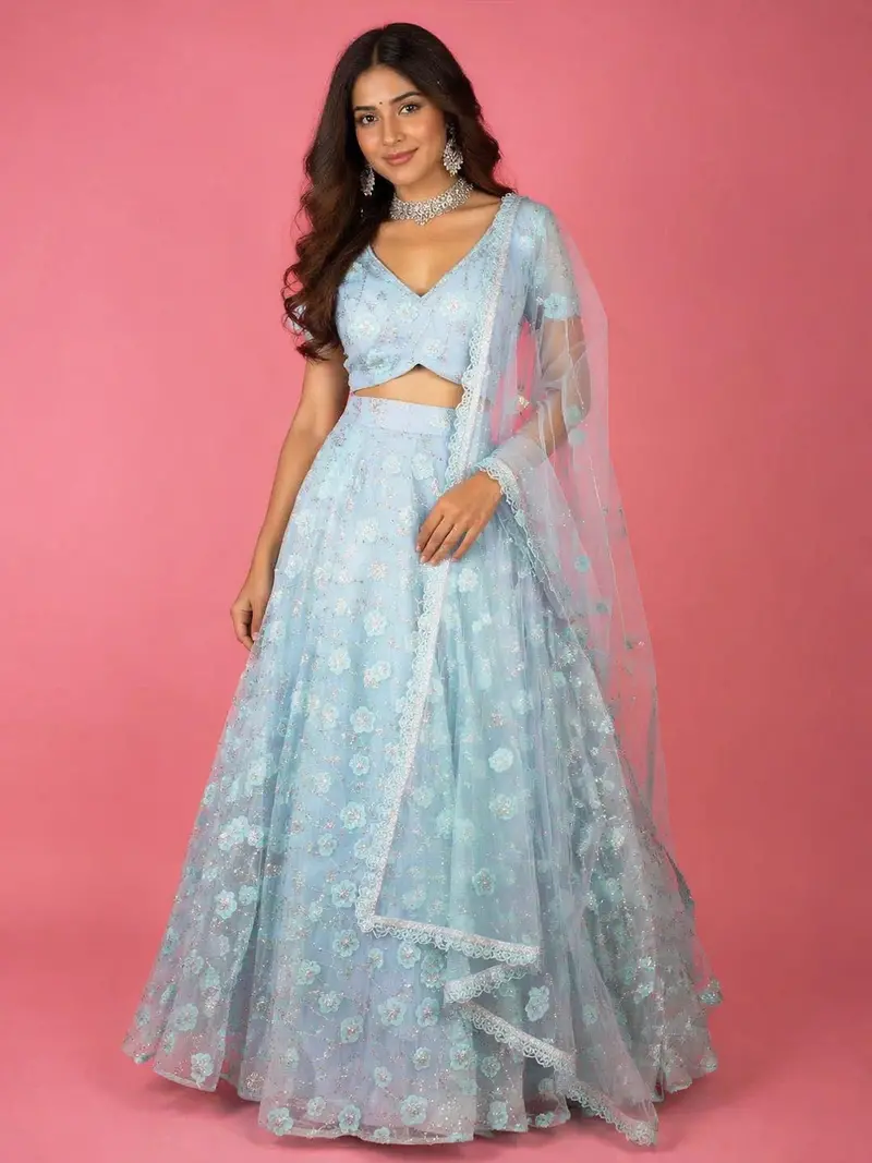 Diadem Women Blue Floral Embroidered Net Lehenga Set Designer Festive Party Wear With Dupatta 1