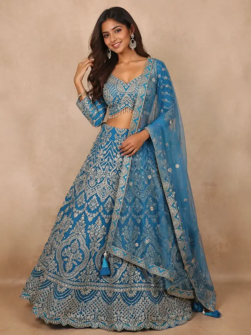 Diadem Women Blue Net Lehenga Choli Set Embroidered Bridal Wear Ethnic Party Outfit 1
