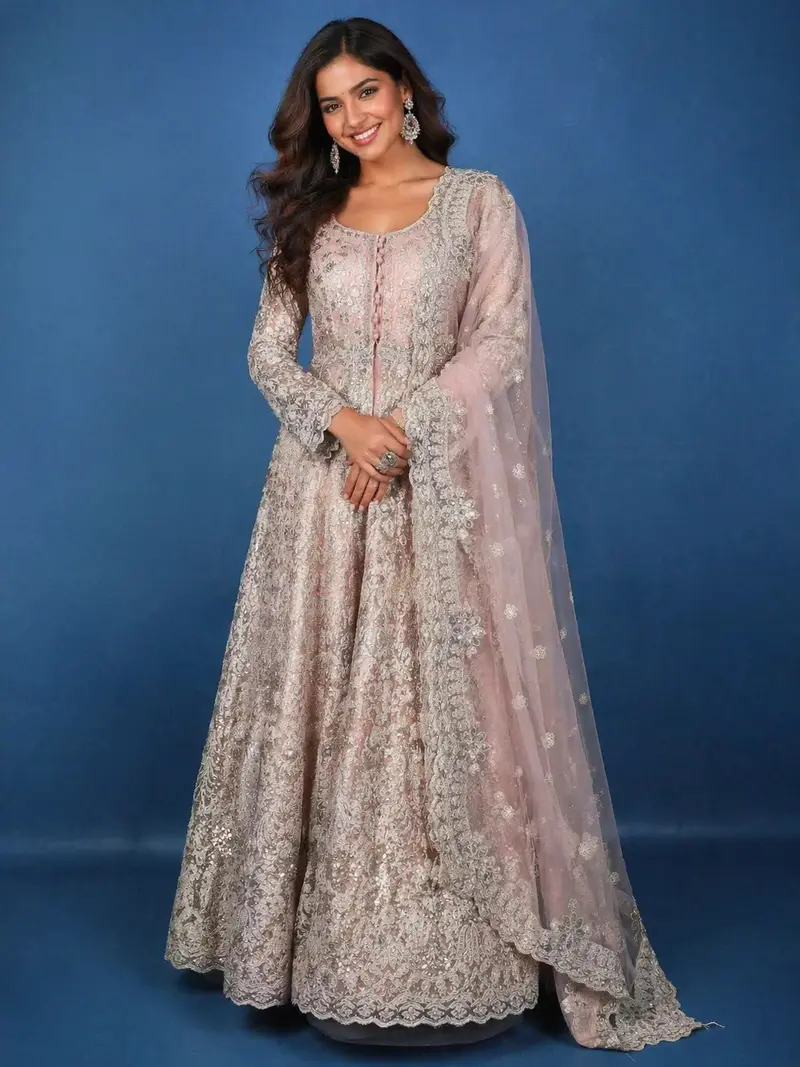 Diadem Women Blush Pink Net Sharara Suit Embroidered Designer Ethnic Wear Wedding Outfit 1