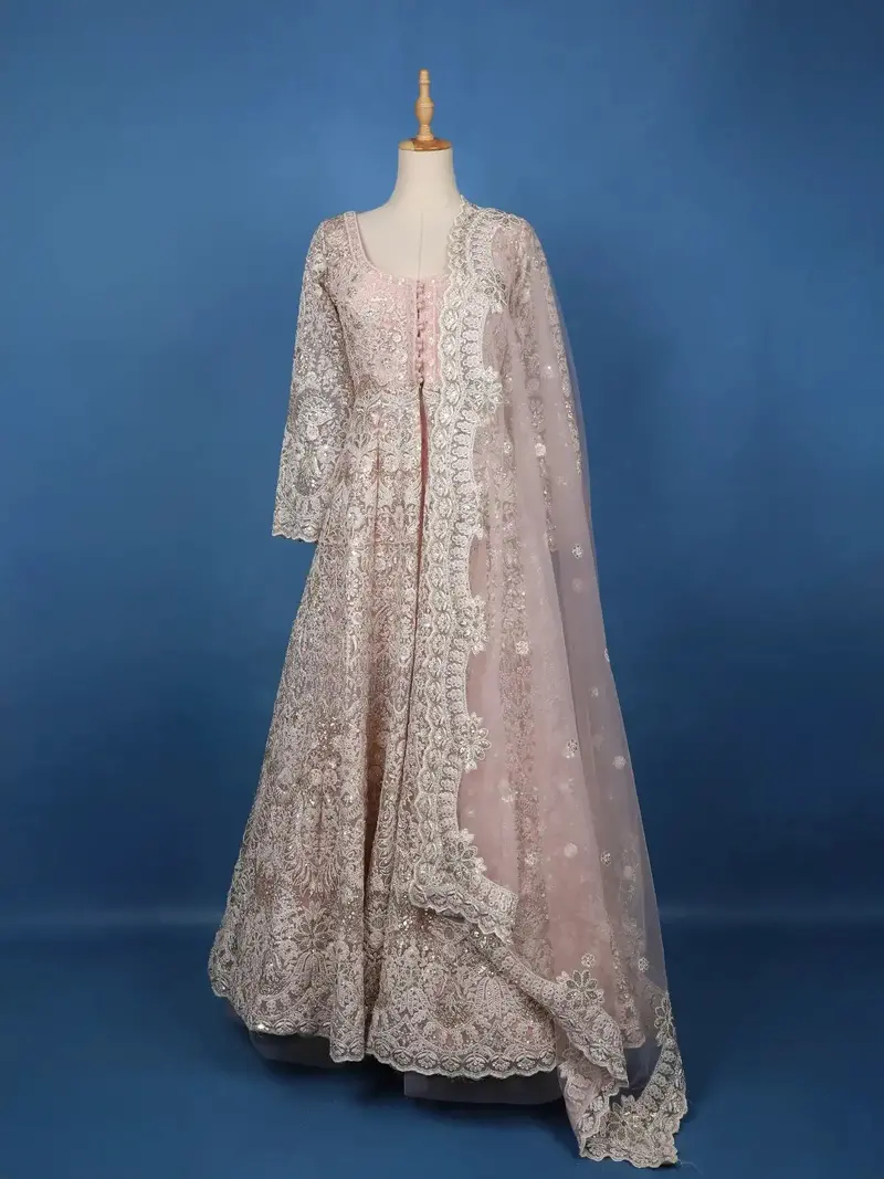 Diadem Women Blush Pink Net Sharara Suit Embroidered Designer Ethnic Wear Wedding Outfit 2