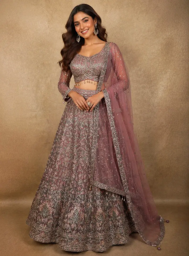 Diadem Women Dusty Pink Net Lehenga Choli Heavy Embroidered Designer Wedding Wear 1